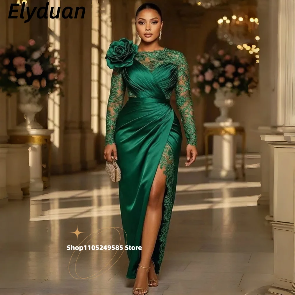 Elegant Dark Green Sheath Mother Of Bride Dresses Side Slit Flower Lace Satin Prom Party Formal Wedding Guest Gowns Customized