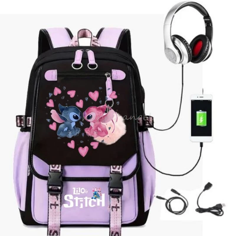 Hot Fashion Lilo And Stitch New USB Charging Bookbag Women Back Pack Laptop School Bags for Teenage Girls Schoolbag