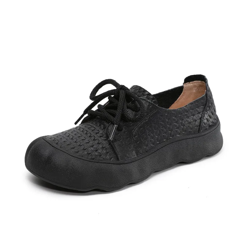 

2026 New Premium Cowhide Knitted Embossed Women Trend Sneakers Breathable Comfortable Casual Sneakers Flat Thick Sole