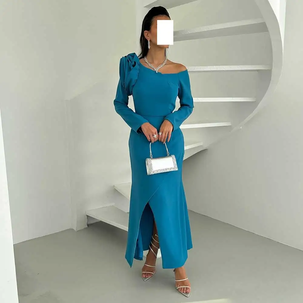 

One Shoulder Jersey Sheath Long Sleeve Evening Dress Front Split Draped Dubai Women's Sexy Ankle-Length Pron Gown فساتين السهرة