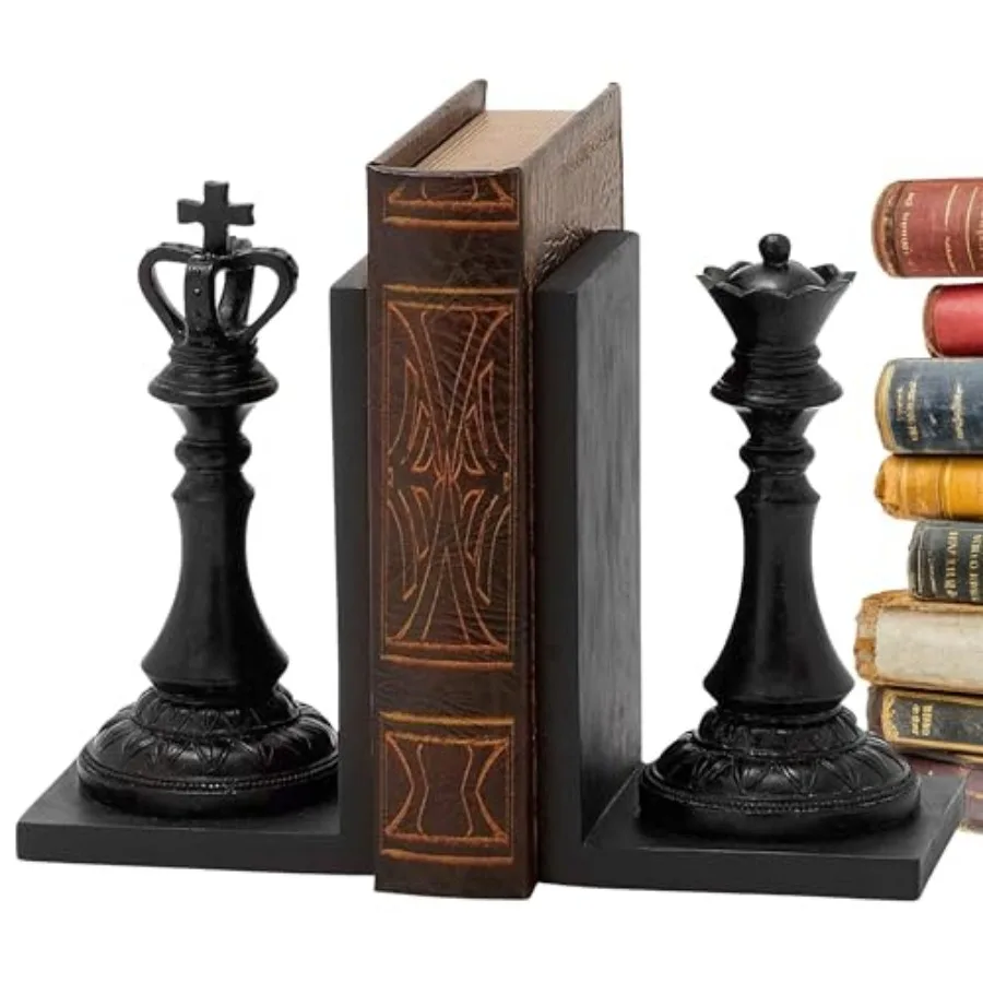 

Chess King Queen Bookends - Vintage Black Decorative Book Ends for Shelves, 7 Inch Royal Exquisite 29745