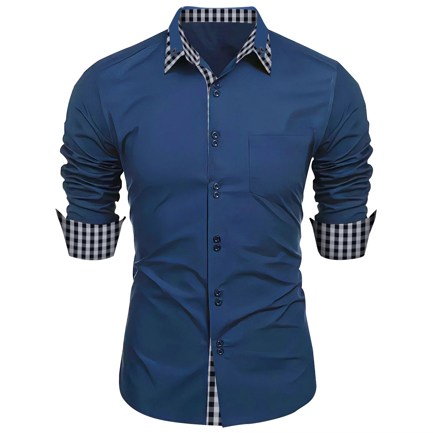 2024 Spring And Autumn New Men\'s Color Matching Plaid Lapel Business Casual Fashion Cotton Long-sleeved Lapel Shirt