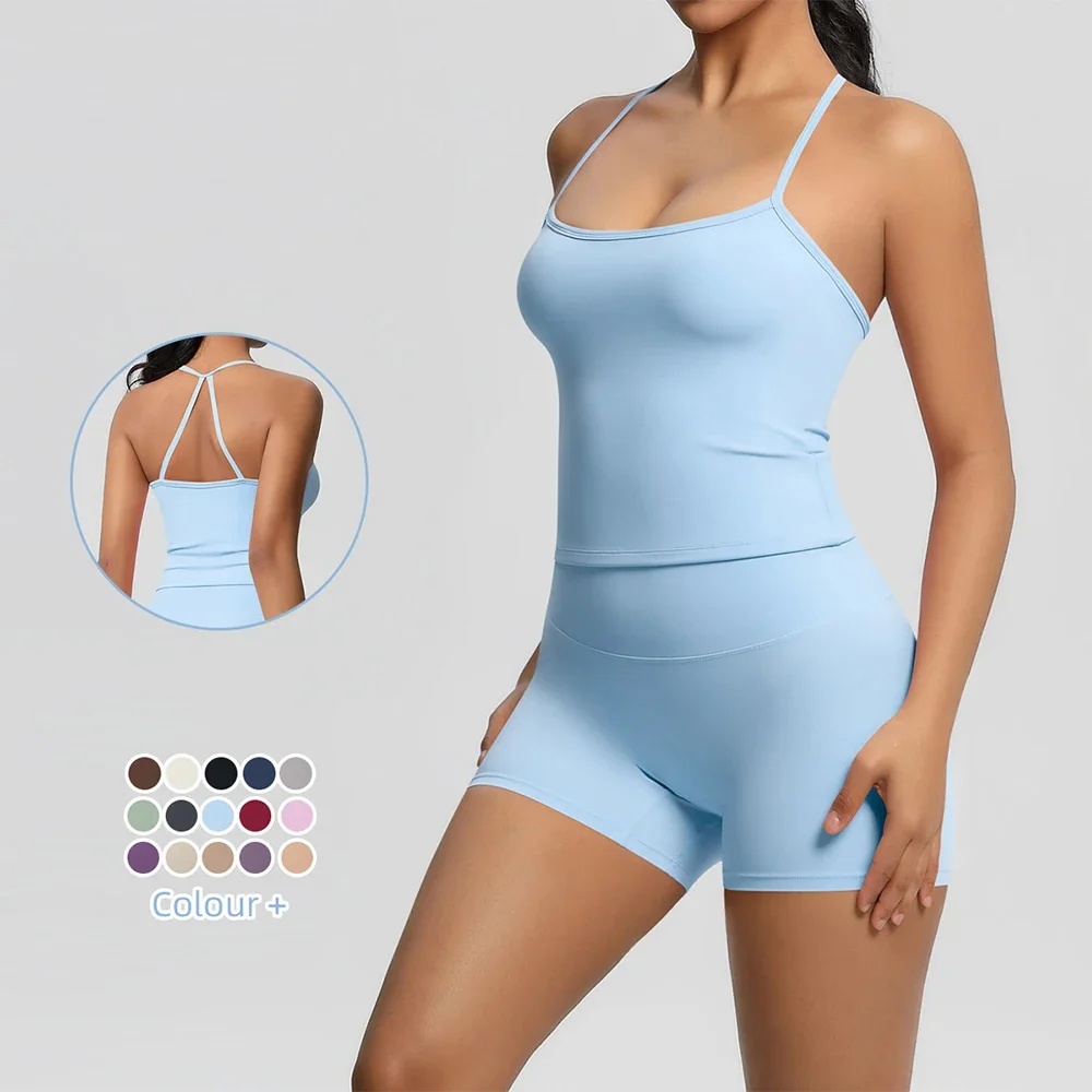 

2025 Summer Women's Wear Set Matte Back Yoga Clothes Quick Drying Slimming Fitness Shorts Sports Clothes Strap Vest Yoga Set