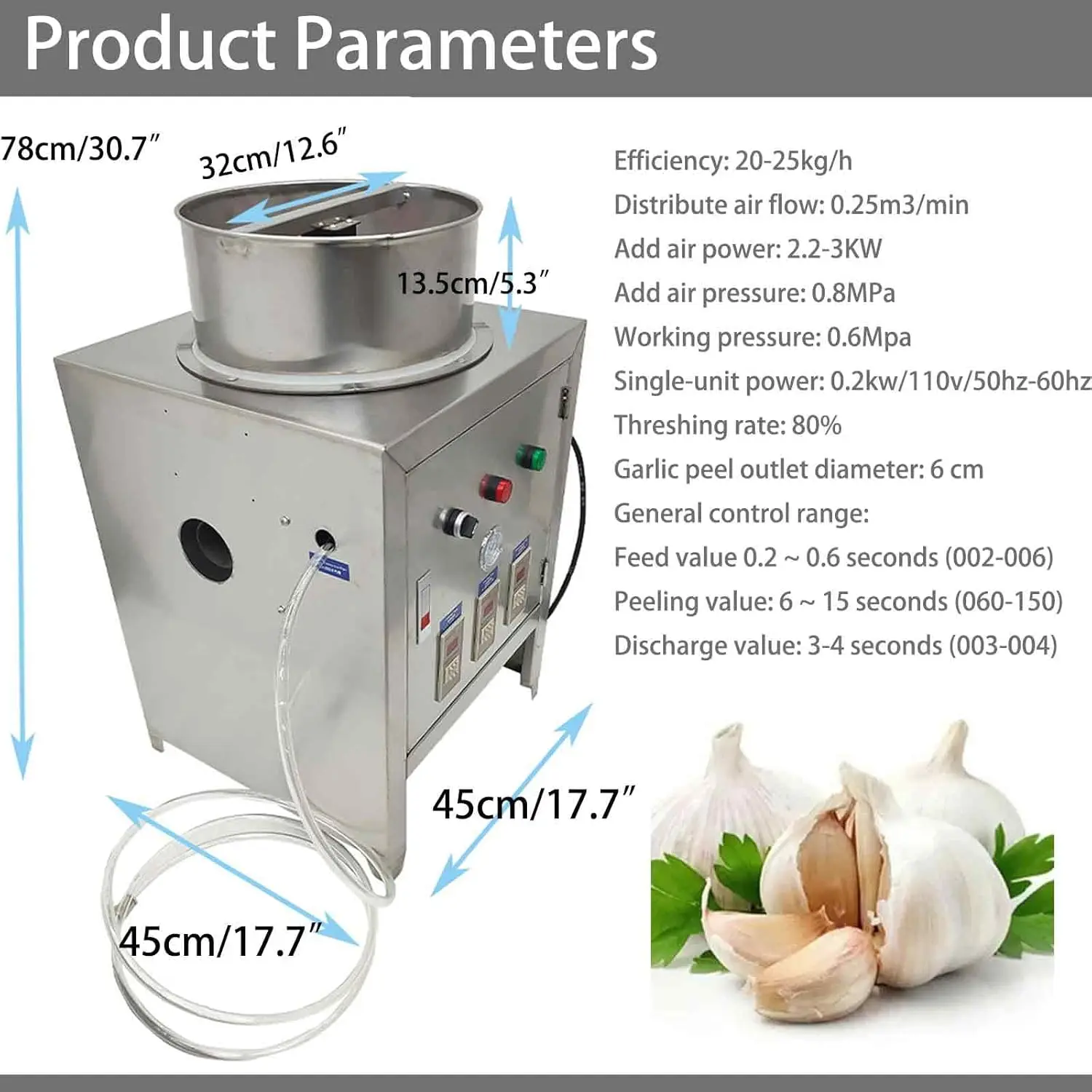 110V 공압 마늘 필링 기계, 20-25KG/H 용량 스테인레스 스틸 상업용 마늘 필링 기계, 필링 도구