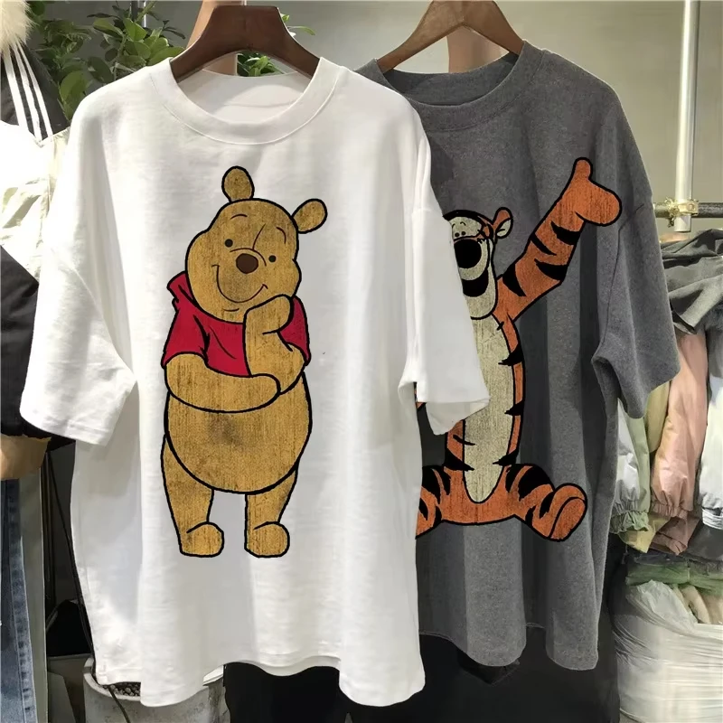 

Disney Winnie The Pooh Print Unisex Casual Short-Sleeve Cotton T-Shirt Y2K Gothic Style Top Harajuku Street Fashion