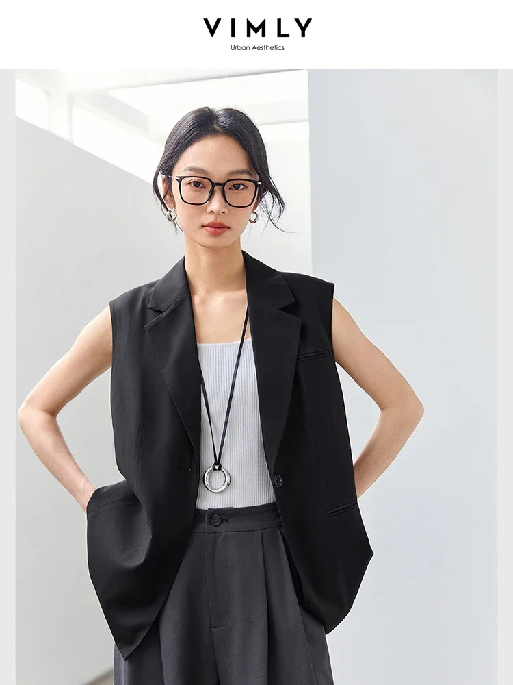 VIMLY Women's Office Lady Turn-down Collar Suit Vest 2025 Spring Simple Elegant Sleeveless Cardigan Tank Top Casual Waistcoat