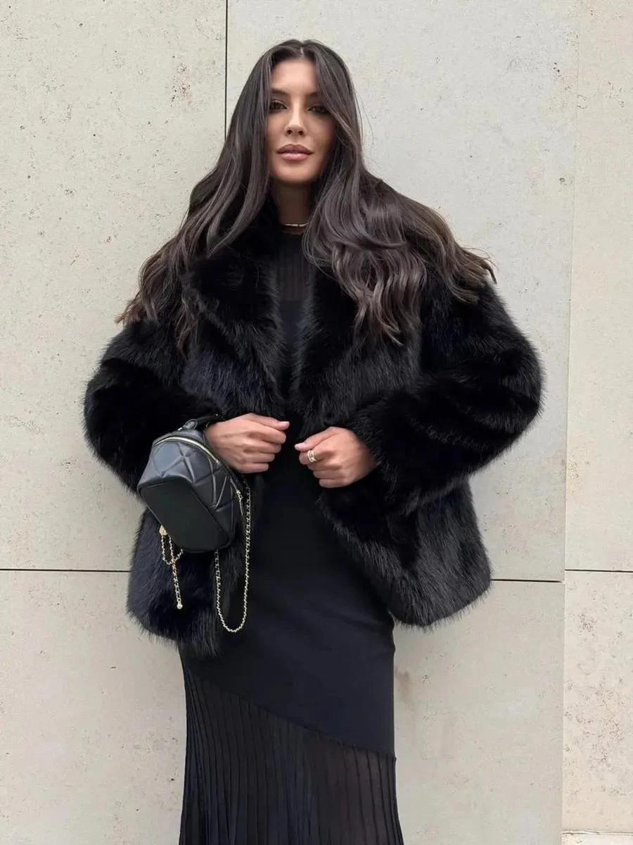 2026 Autumn Winter Women Faux Fur Jacket Lapel Collar Fluffy Long Hair Belted Open Front Short Coat Black