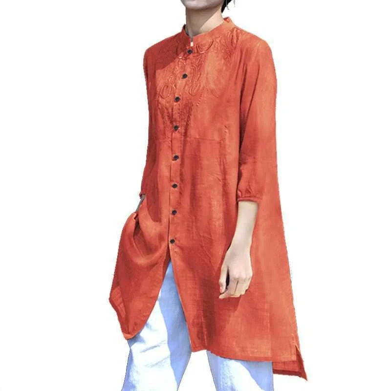 

Cotton Linen irt Medium Long Blouse Tee-quarter Sve Casual Sle Women's Winter Faion Thin Material round Ne Button
