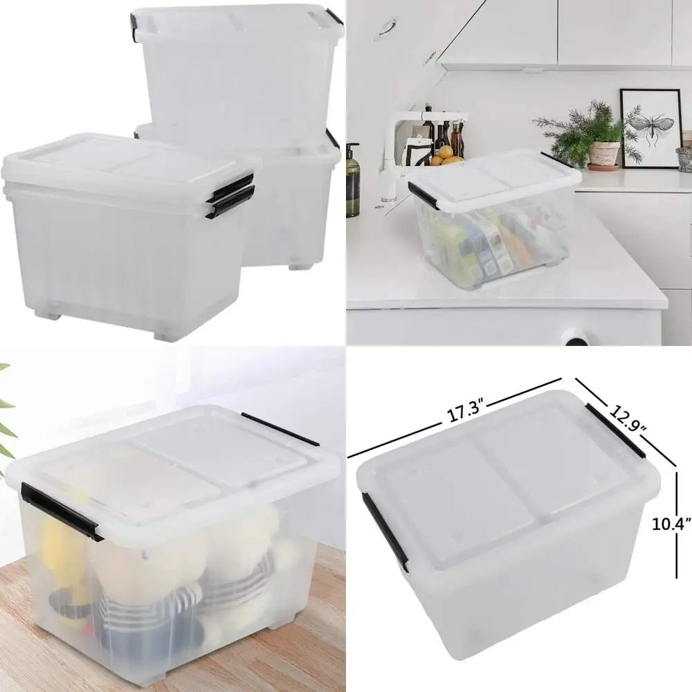 

Portable 4-Piece Clear Plastic Storage Boxes with Wheels, Latch Bin Organizers for Home & Office