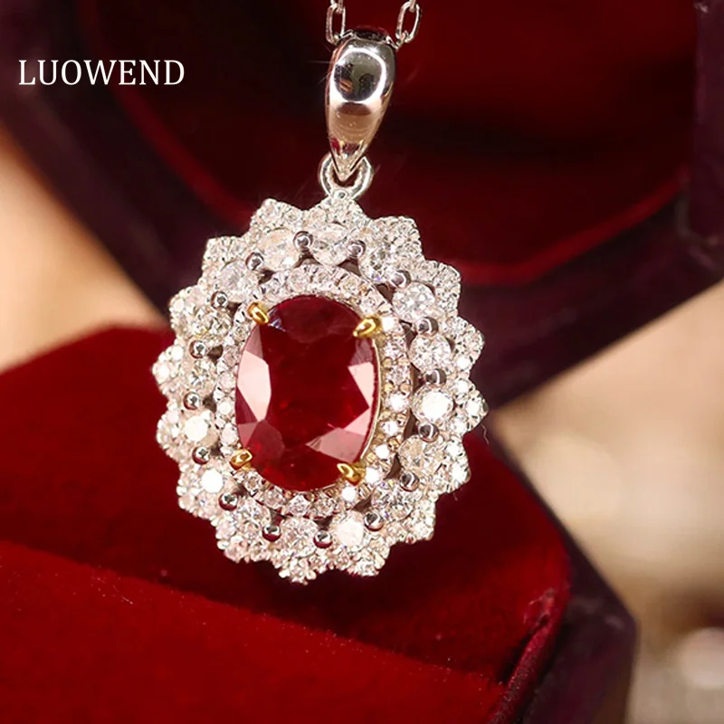 

LUOWEND 18K White Gold Pendant Necklace Real Diamond Pendant Women Ruby Necklace Romantic Style Fine Gemstone Jewelry