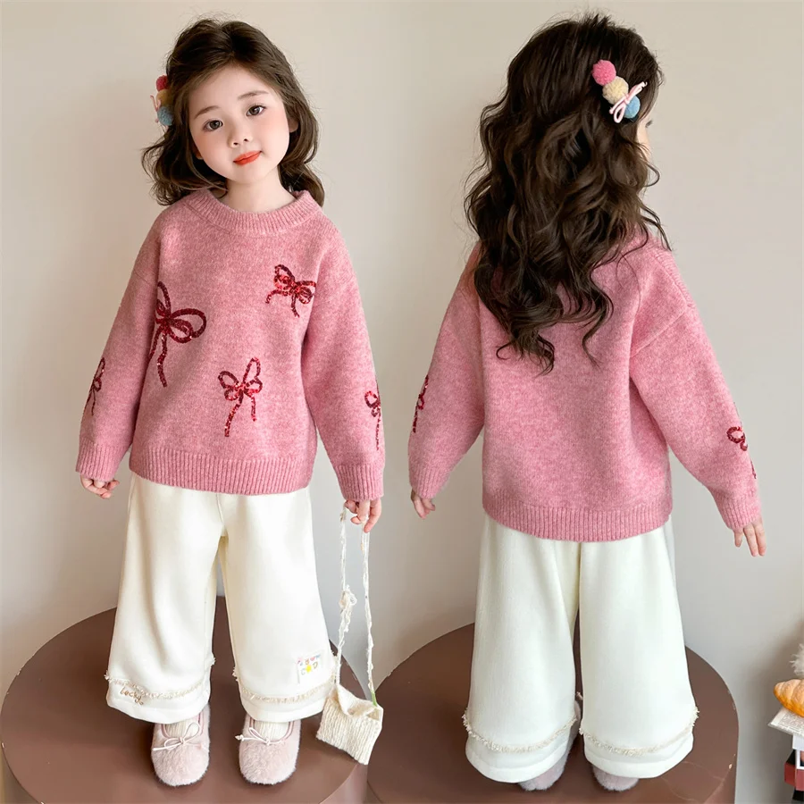 

Lovely Baby Kids Pink Sweater with Bow Sequins for Little Girls Candy Bowknot Knitwear Toddler Child Cute Autumn Knitted Clothes