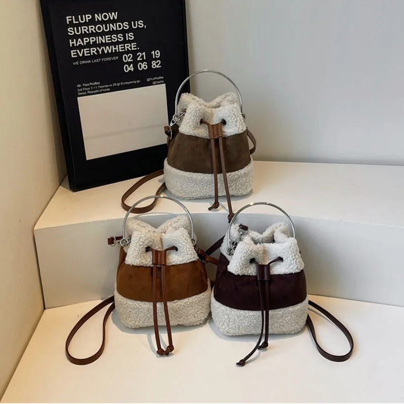 

Autumn Winter Drawstring Bucket Bag For Women Faux Lamb Wool Splicing Suede Handbags Korean Casual Fashion Crossbody Bags