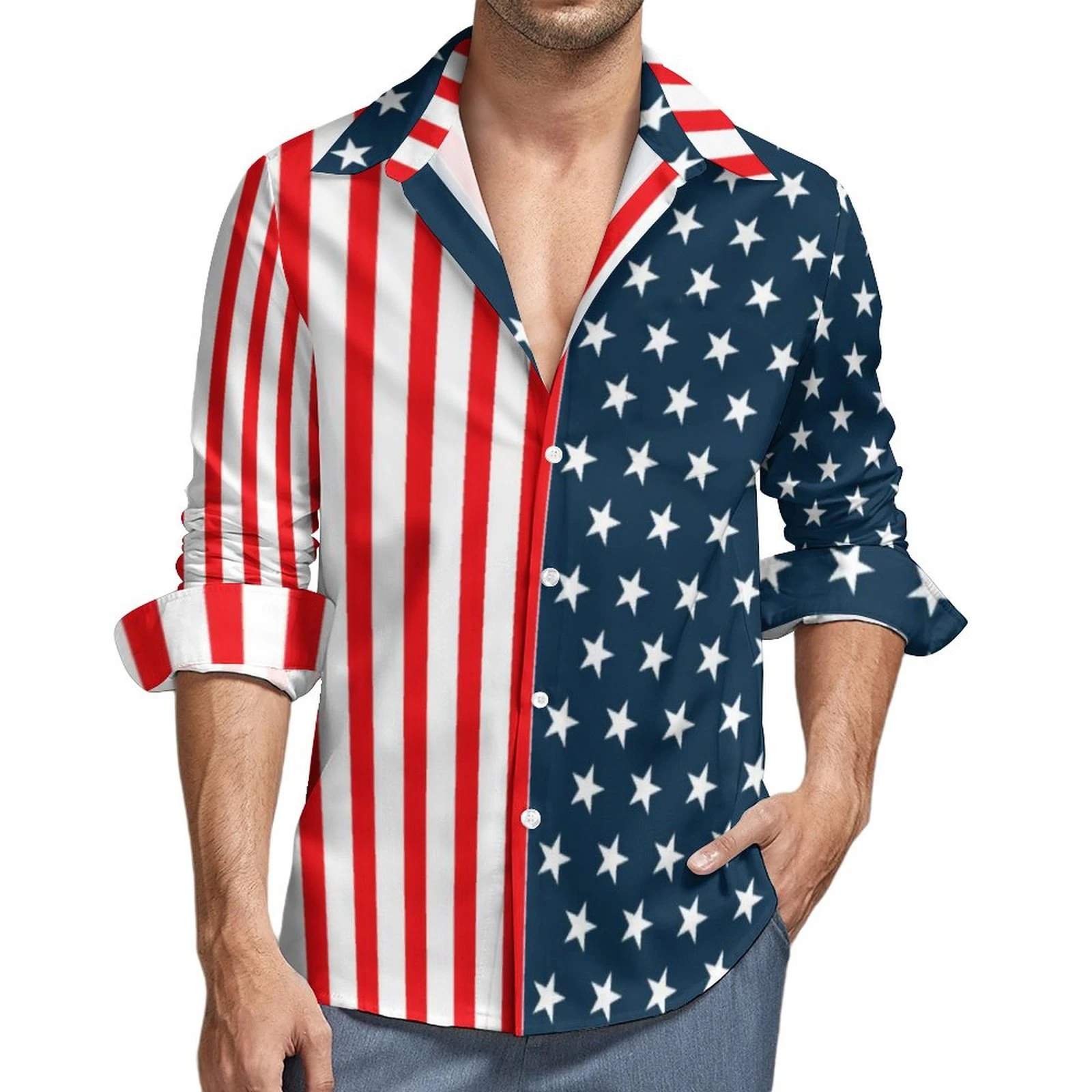 American Flag Printing Casual Shirts Men\'s Star Stripe Flag Shirt Autumn Fashion Shirt Long Sleeve Pattern Plus Size Men\'s Tops