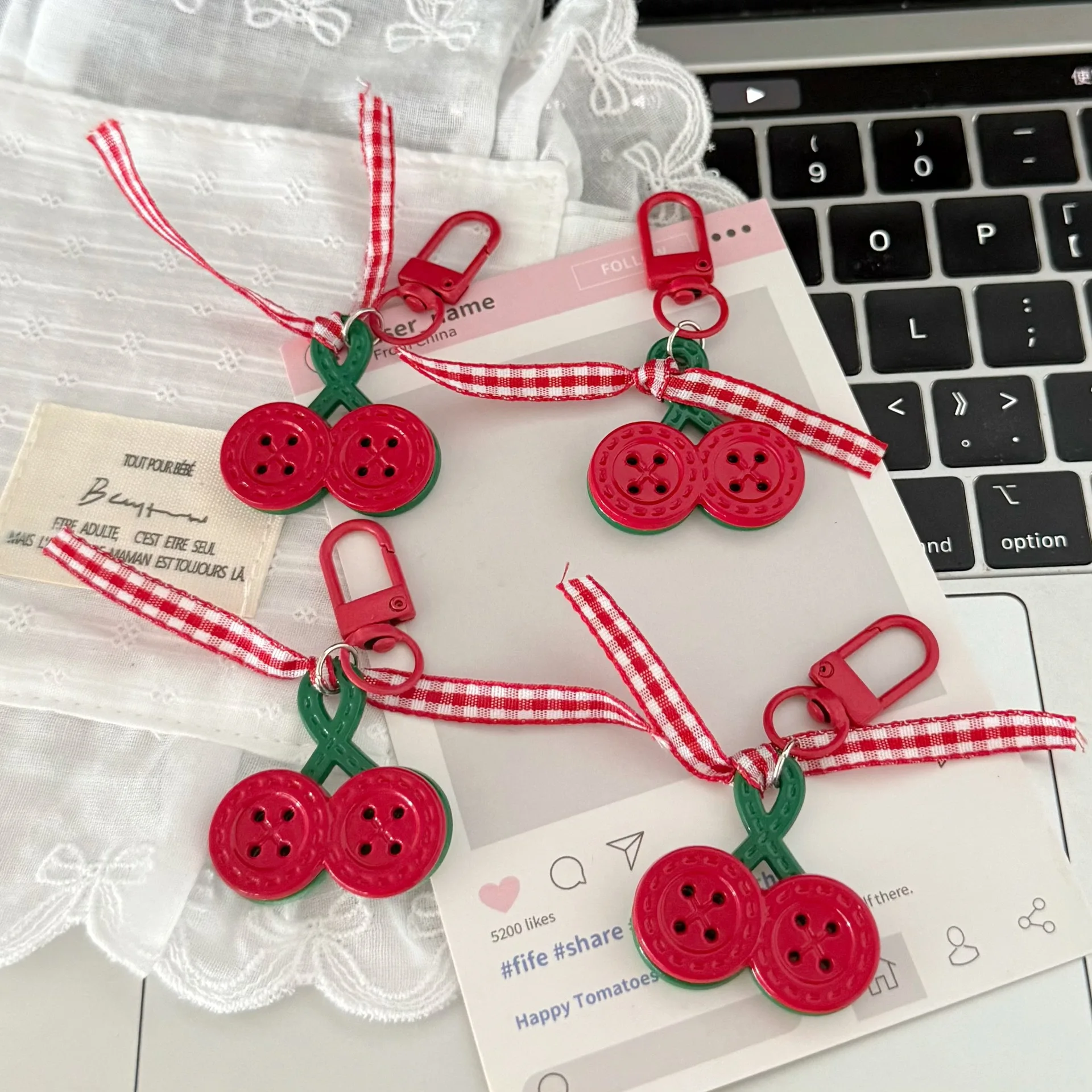 Keychain Red Cherry Ribbon Bow Charm Sweet Girly Backpack Best Friend Accessory Lightweight Metal Resin Portable Durable