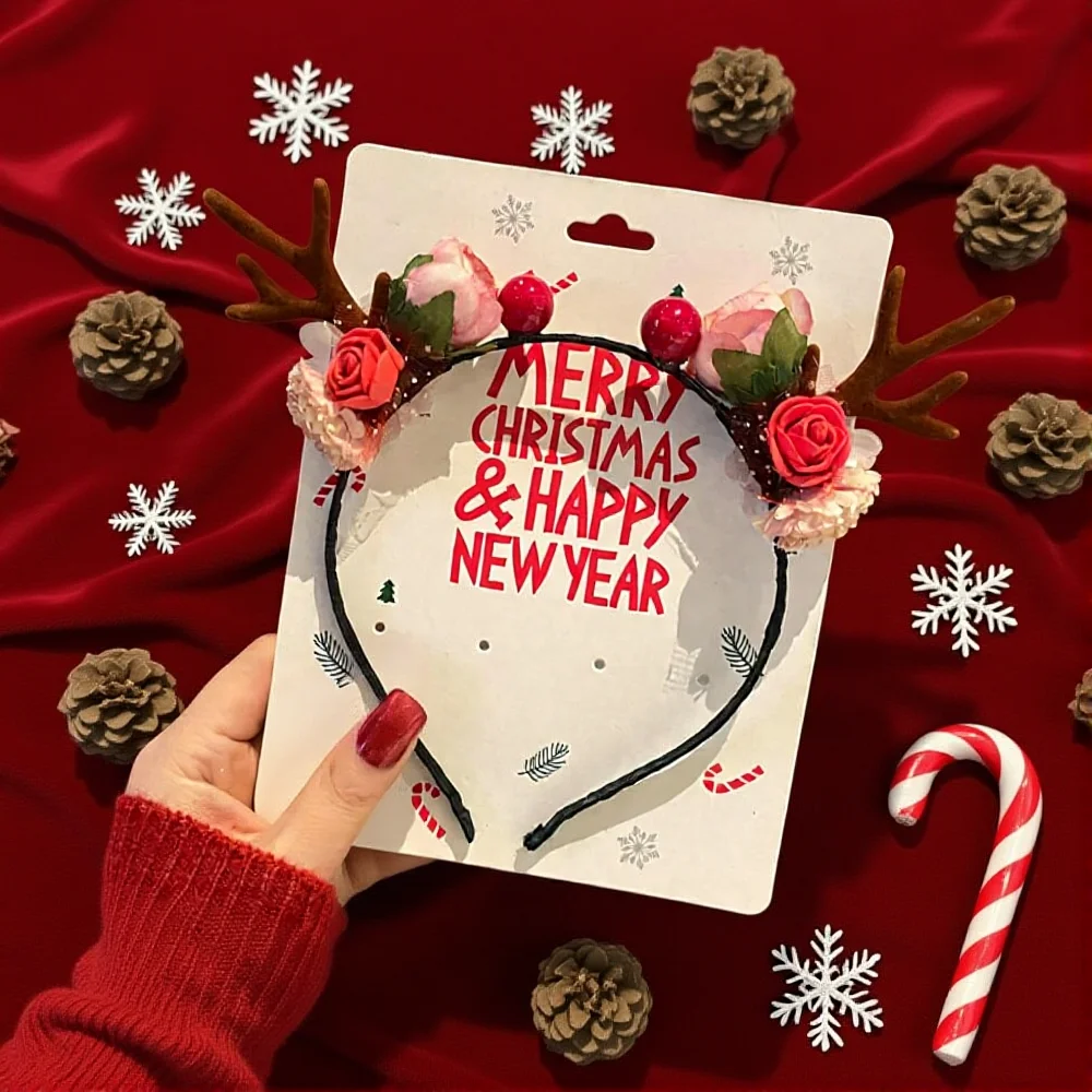 2025 Christmas Red Velvet Antler Hairband Cute Simple Vintage Christmas Ball Headwear Women'S Fashion Accessories Hairband