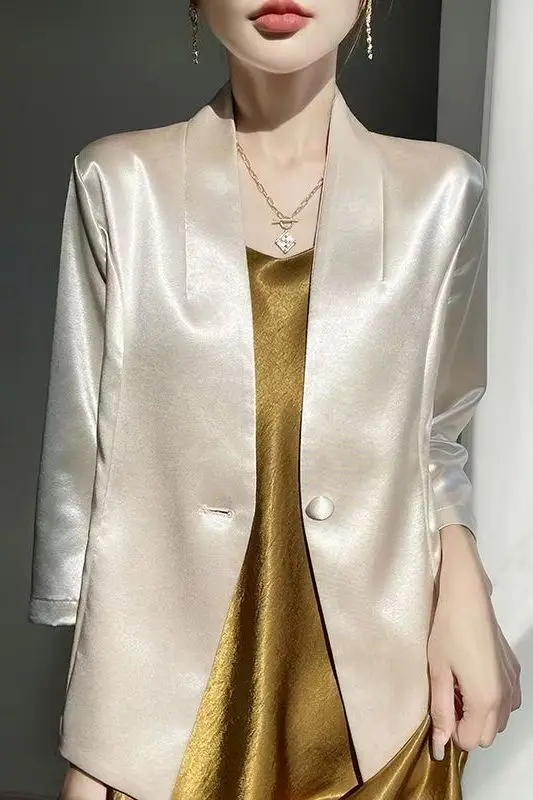 

Insozkdg Spring High-end Solid Color Satin Suit Jacket Feminine Commuting Luxury Slim Fit Short Black Suit Blazers Women Tops