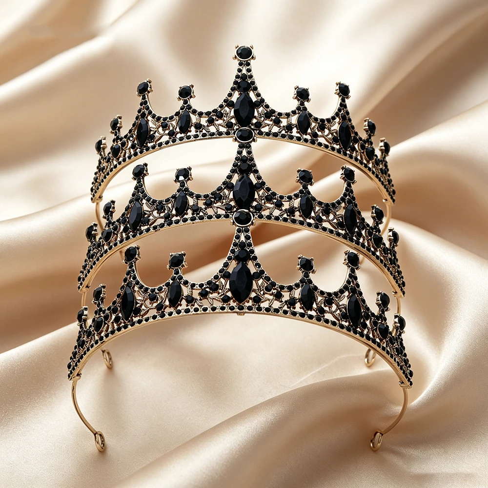 Antique Gold Black Teardrop Crystal Gothic Tiara Full Paved Rhinestone Dark Queen Crown Vintage Spiked Headpiece Gothic Wedding