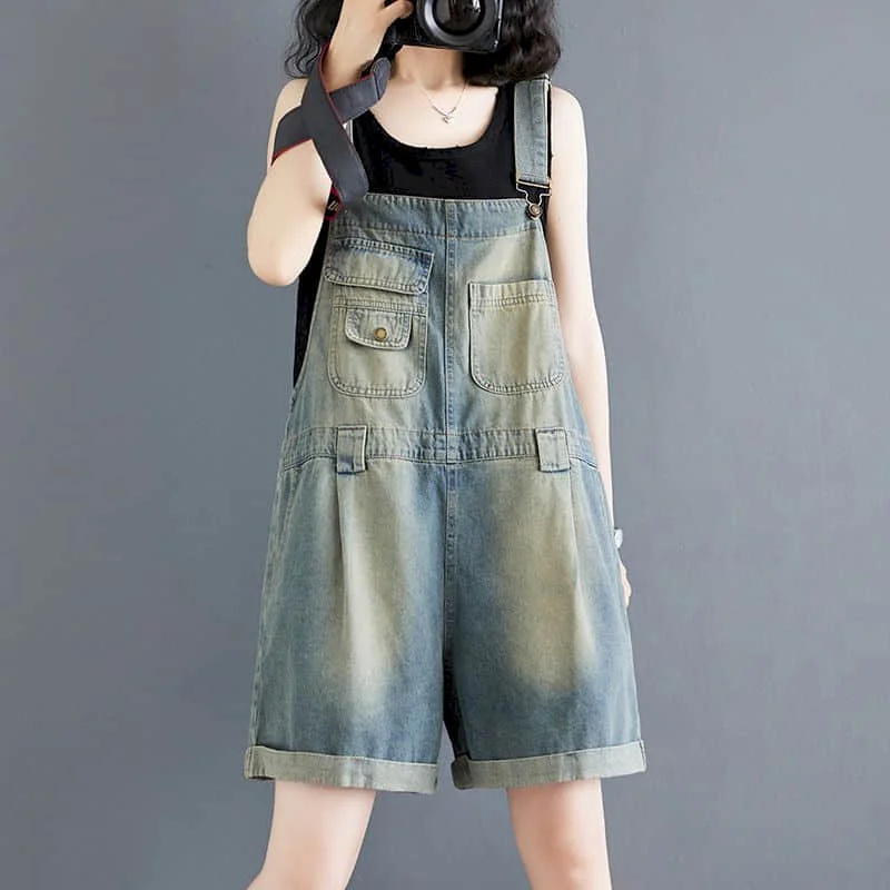 Denim Jumpsuits for Women Vintage Korean Style One Piece Outfit Casual Cropped Rompers Solid Short Jeans Summer Women Clothing