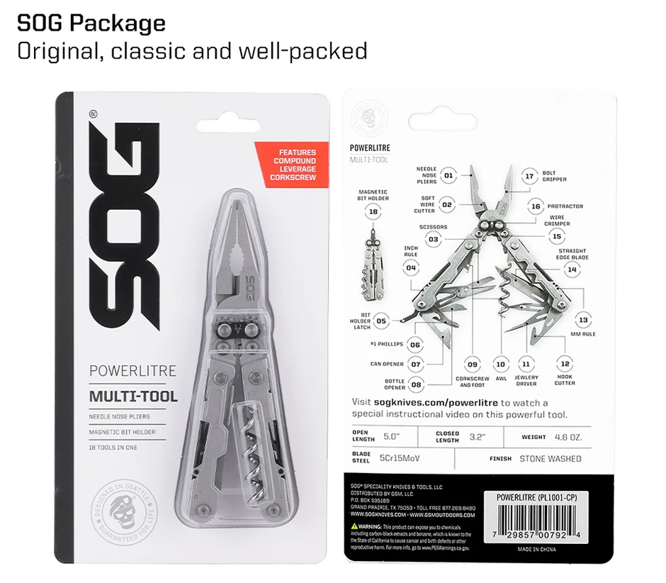 SOG PowerLitre Mini Multitool-Zange mit 19 Leichtgewichtswerkzeugen EDC Kompaktes Taschenwerkzeug mit Klappmesser, Korkenzieher und Schraubendreher – Detail 14