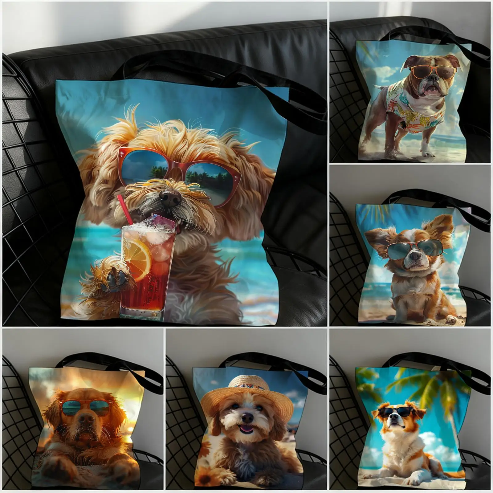 Sac fourre-tout en toile imprimé double face avec motif de chien explorant une plage tropicale, grande capacité, sac à main à bandoulière pour femme