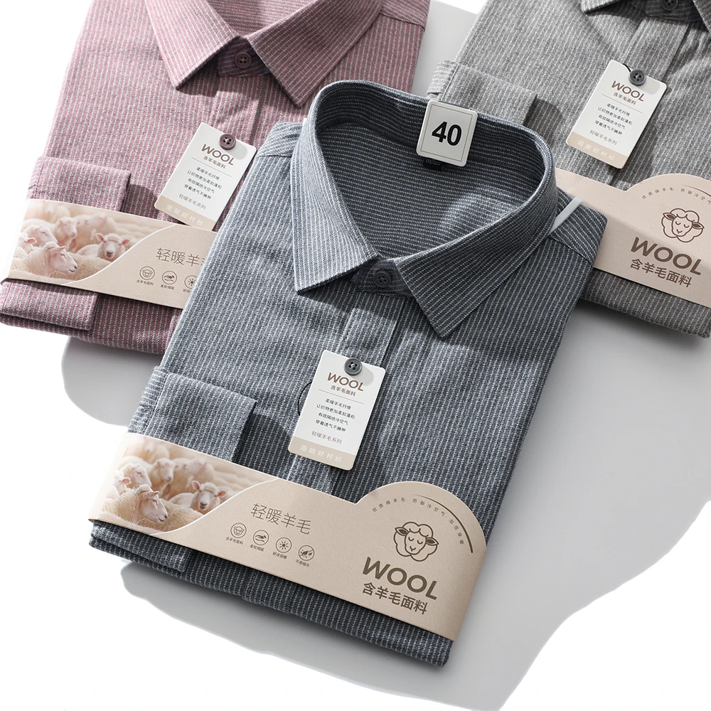 

Модная повседневная мужская рубашка из модала и шерсти с длинным рукавом, теплая и удобная, осенне-зимняя, в полоску, с воротником, для отдыха, из хлопка.