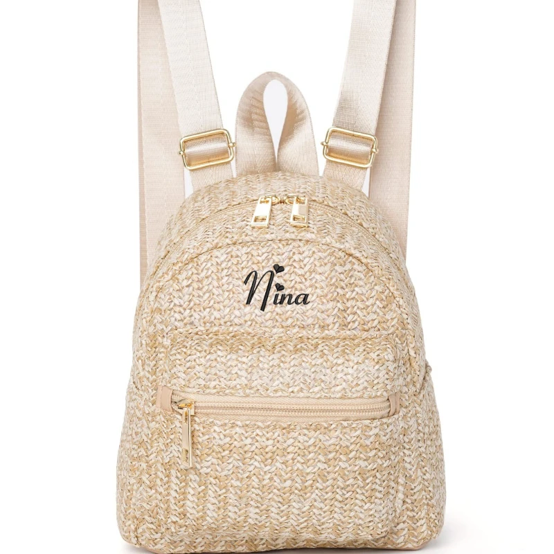 Embroidery Name Women's Backpack Grass Woven Bag Fashion Weaving Fashion Backpack Bag