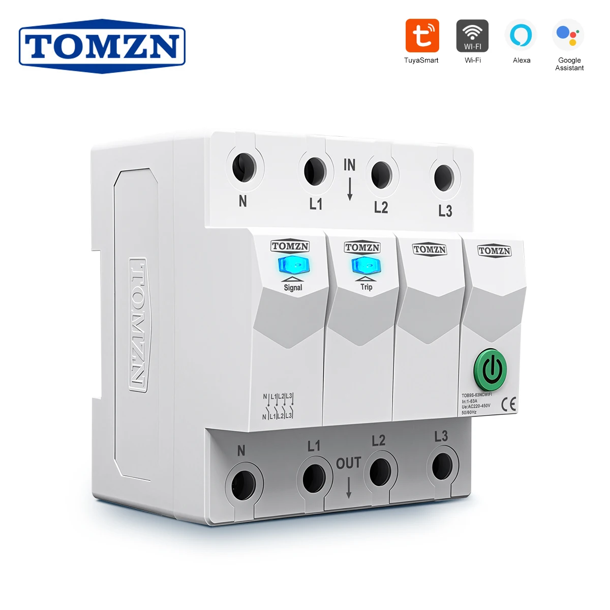 TOMZN 4P WLAN-Schutzschalter AC 3*120V 3*230V 63A AUS-SCHALT-FUNKTION L N Timer Countdown-Relais Statusanzeige Wartungs- und Sperrfunktion 4 Relais