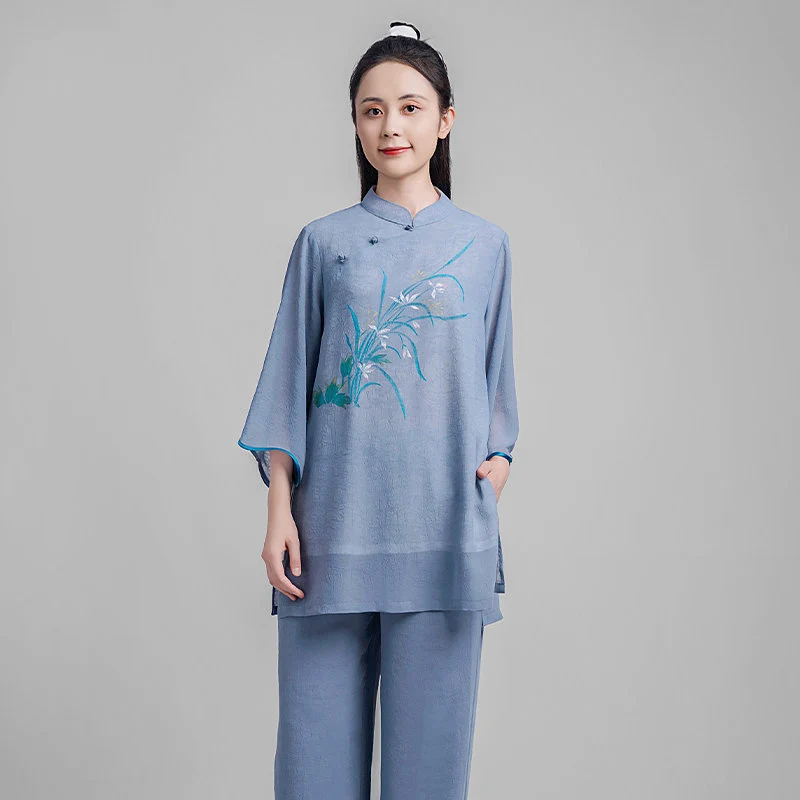 Women's Premium Tai Chi Uniform - Hand Painted Floral Double Layer Outfit, Breathable Ramie Gauze for Summer Baduanjin Practice