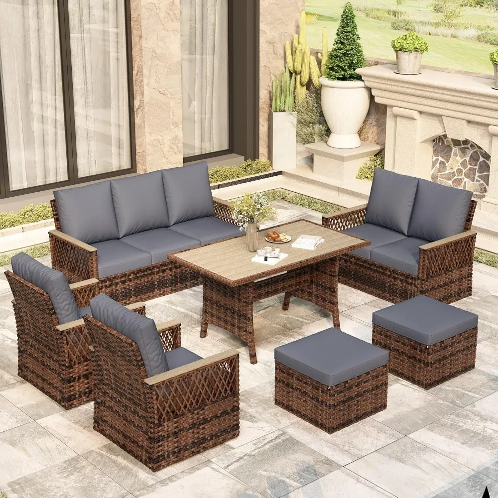 

Furniture Set,Outdoor Wicker Chairs with Ottomans, 3-Seat Sofa,Dining Table, w/Water-Resistant Cushion & High Back,Furniture Set