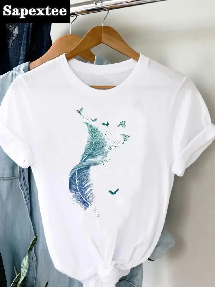 

Tee Women T-shirt Summer Short Sleeve Print Clothes Graphic T Shirt Feather Painting Bird Clothing Fashion Female Top