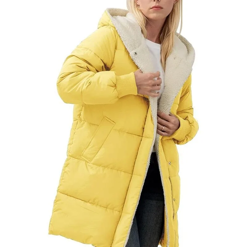 Women's Clothing Solid Warm Fleece Hooded Cotton Coat Long Sleeves Double-sided Velvet Slim Fit Elegant Cardigan Outerwear Top