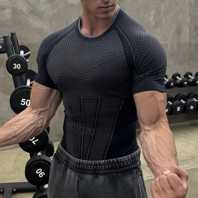 Men's muscle quick-drying, tight-fitting, short-sleeved sports T-shirt, gym exercise, fitness, running, bodybuilding, leisure