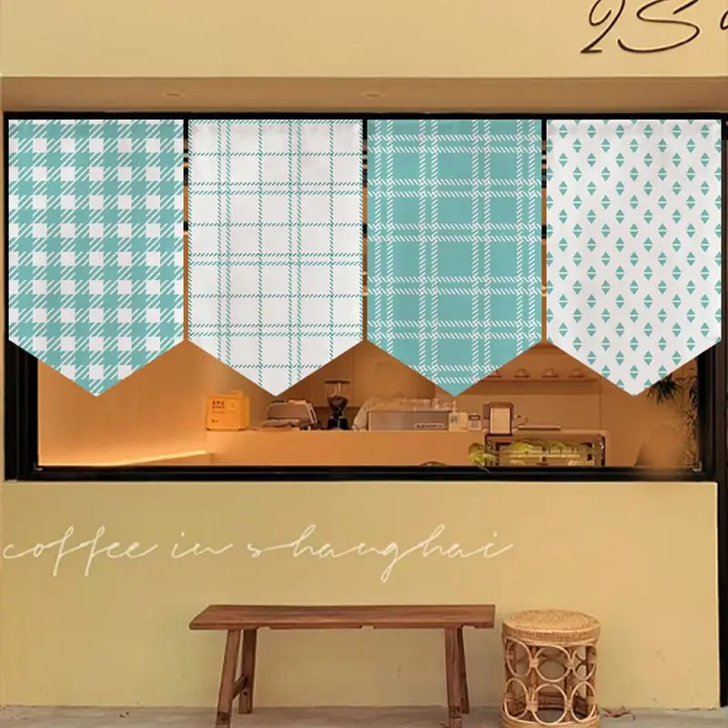 VIKAMA Single Magic Tape Triangular Valance Mint Plaid Diamond Print No Drill Window Blind For Coffee Shop Dessert Store Decor