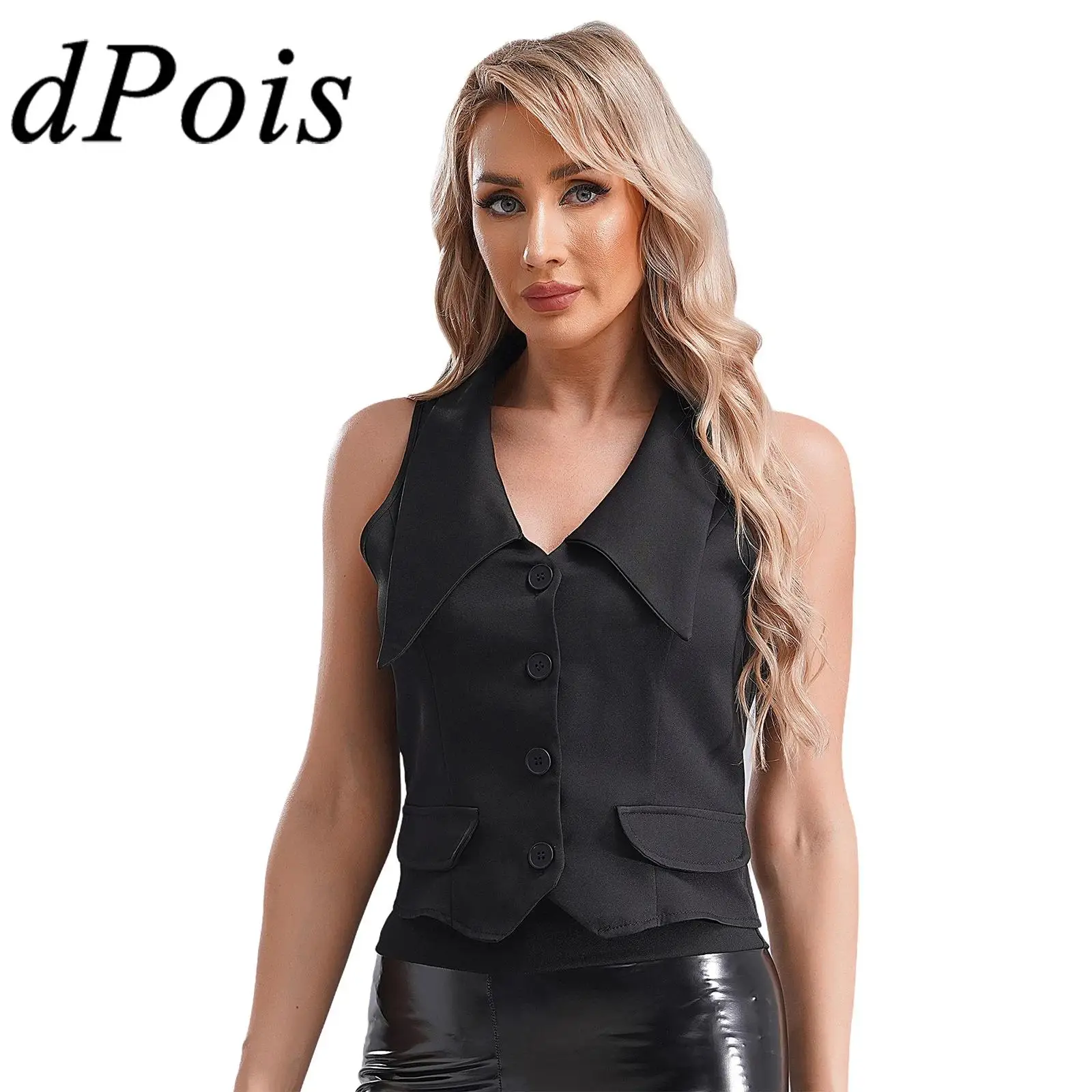 

Womens Vests Solid Color Wide Lapel Single Breasted Pointed Hem Slim Fit Vest Femme OL Waistcoat Top for Office Work Daily Wear