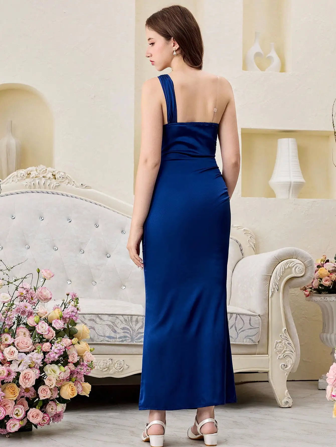 

Темно-синее атласное вечернее платье на одно плечо с подолом-русалкой, элегантное платье для вечеринки