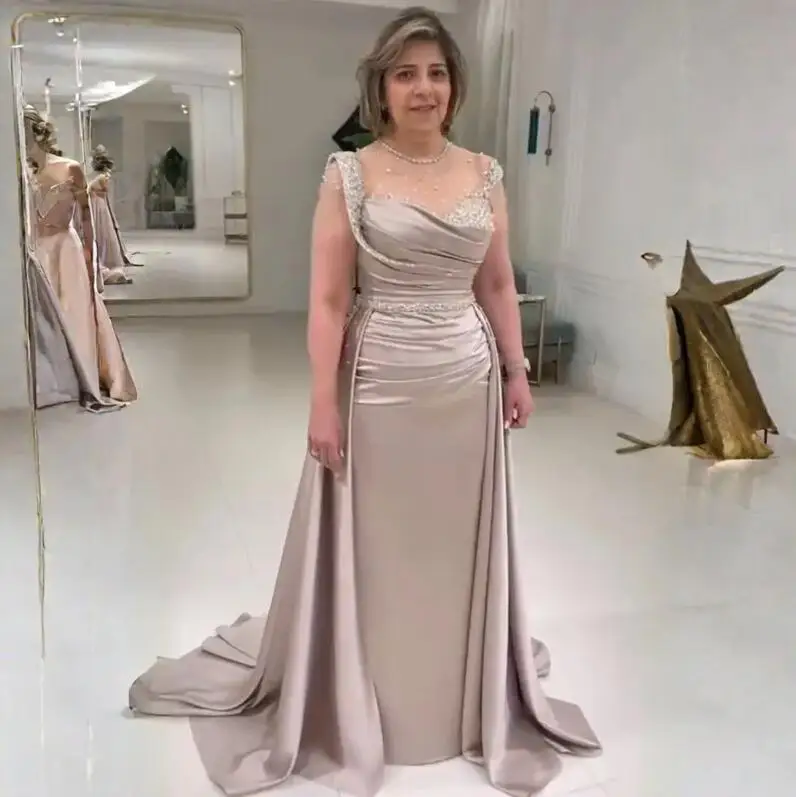 Crystal Sequins Mother of the Bride Dresses Long Sleeves Champagne Plus Size Prom Gowns African Wear Gown Lady\'s Dress