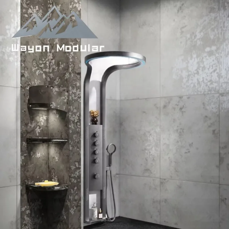 Modern Gun-colored Stainless Steel Shower Panel with Integrated LED Rain Shower for Prefabricated House Models WW-YSLYLT