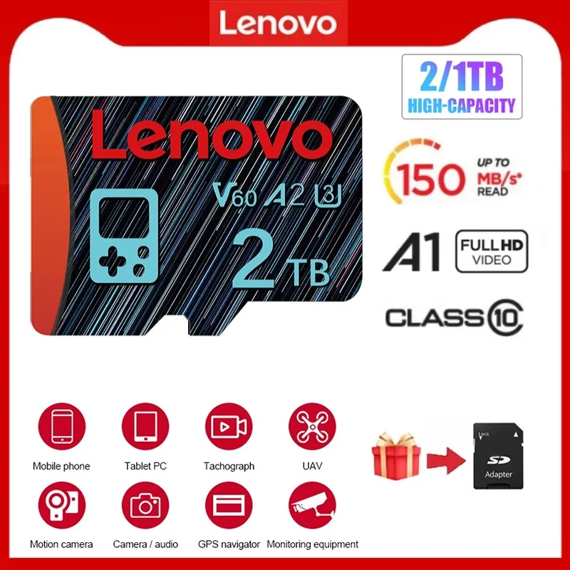 Lenovo 4K kartu memori Full HD 2TB Class10 U3, kartu TF mikro SD 1TB 256GB V60 kartu TF untuk Laptop PC dengan paket gratis adaptor SD