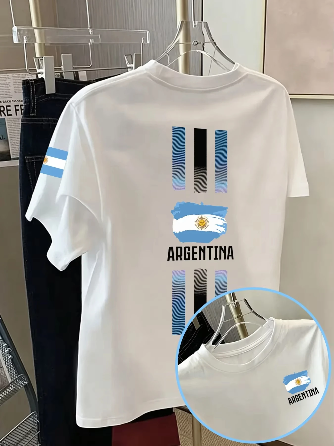 2026 New Men's Match Day Fan T-Shirt with Argentine Flag Strokes and Gradient Stripes Loose Fit Cotton Summer T-Shirt Y2k