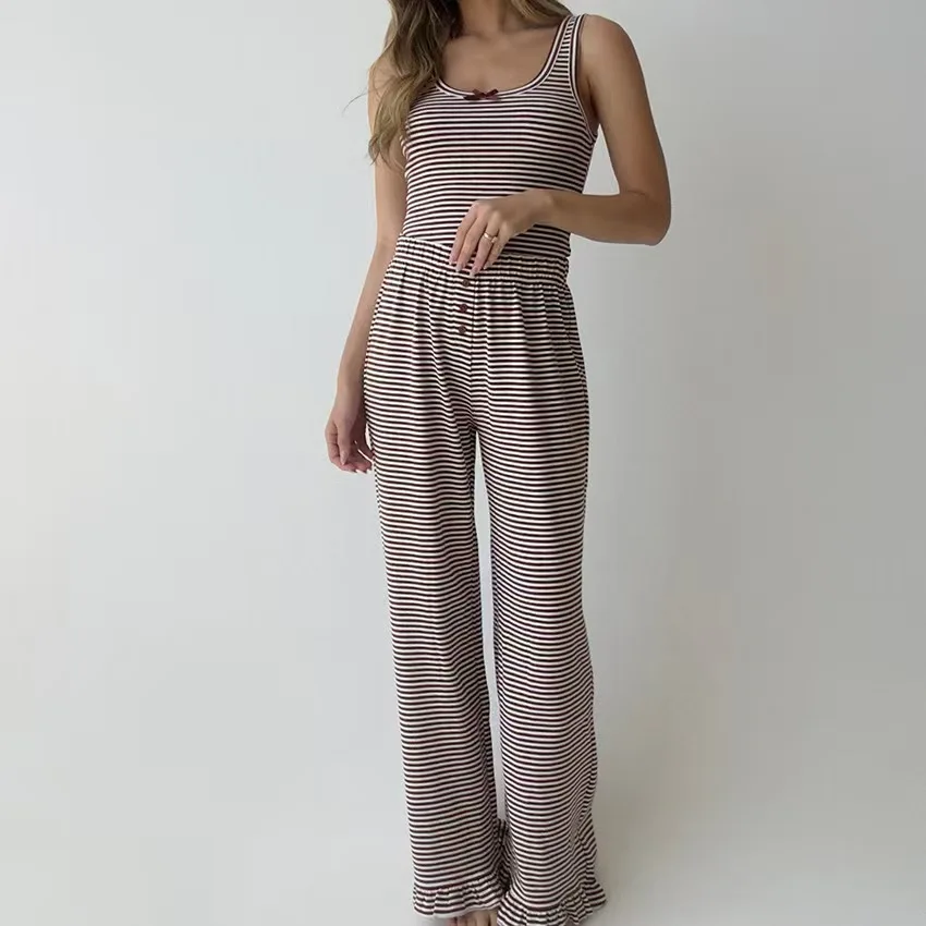 

Летний комплект из жилета и брюк в полоску, длинные брюки с высокой талией, повседневная домашняя одежда, женский удобный дышащий комплект домашней одежды