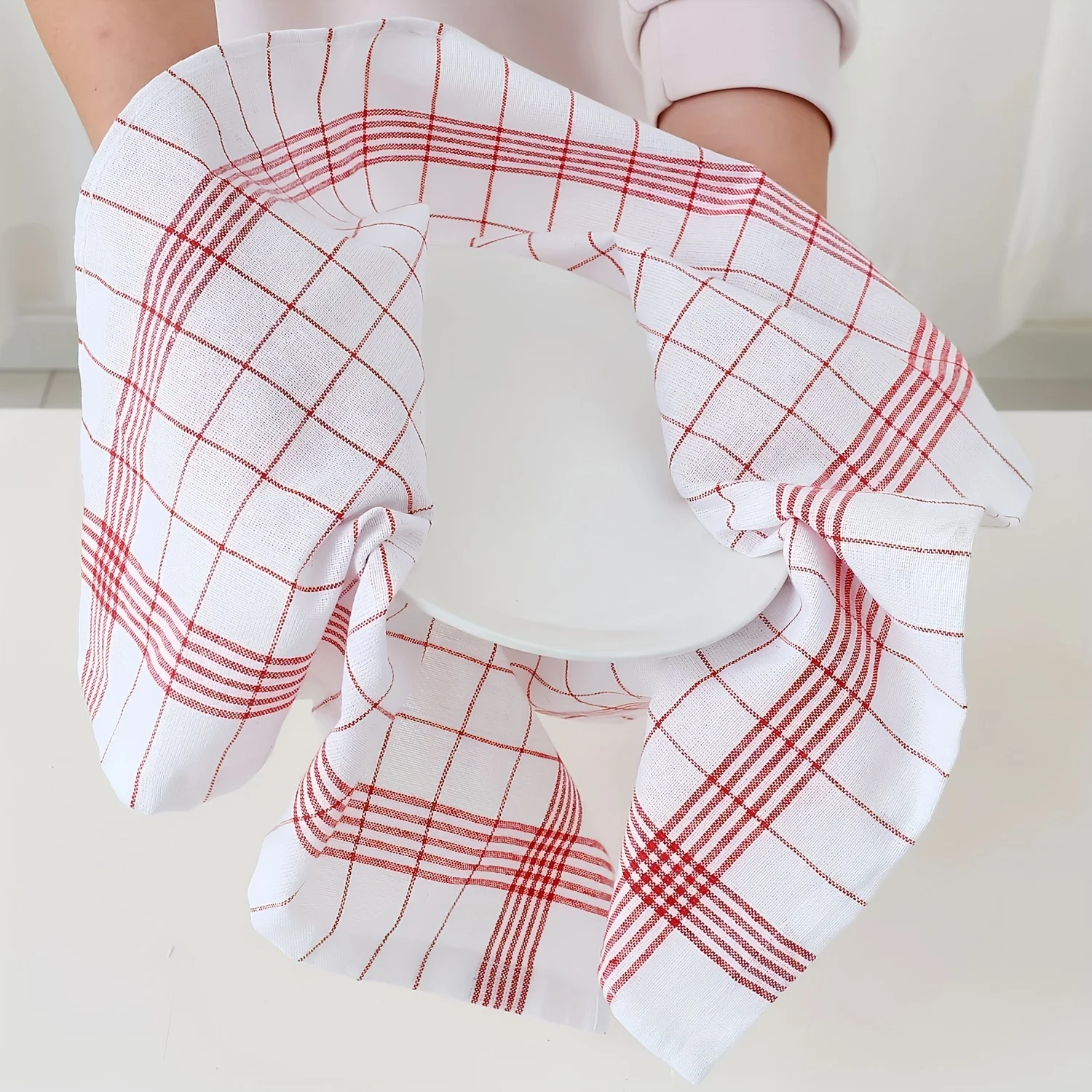 4/6/8/10 Piece Mixed Pack, 45× 62cm , Classic Red-Striped and Red-Checkered Kitchen Towels, Household Cleaning Cloths, and Scouring Pads.