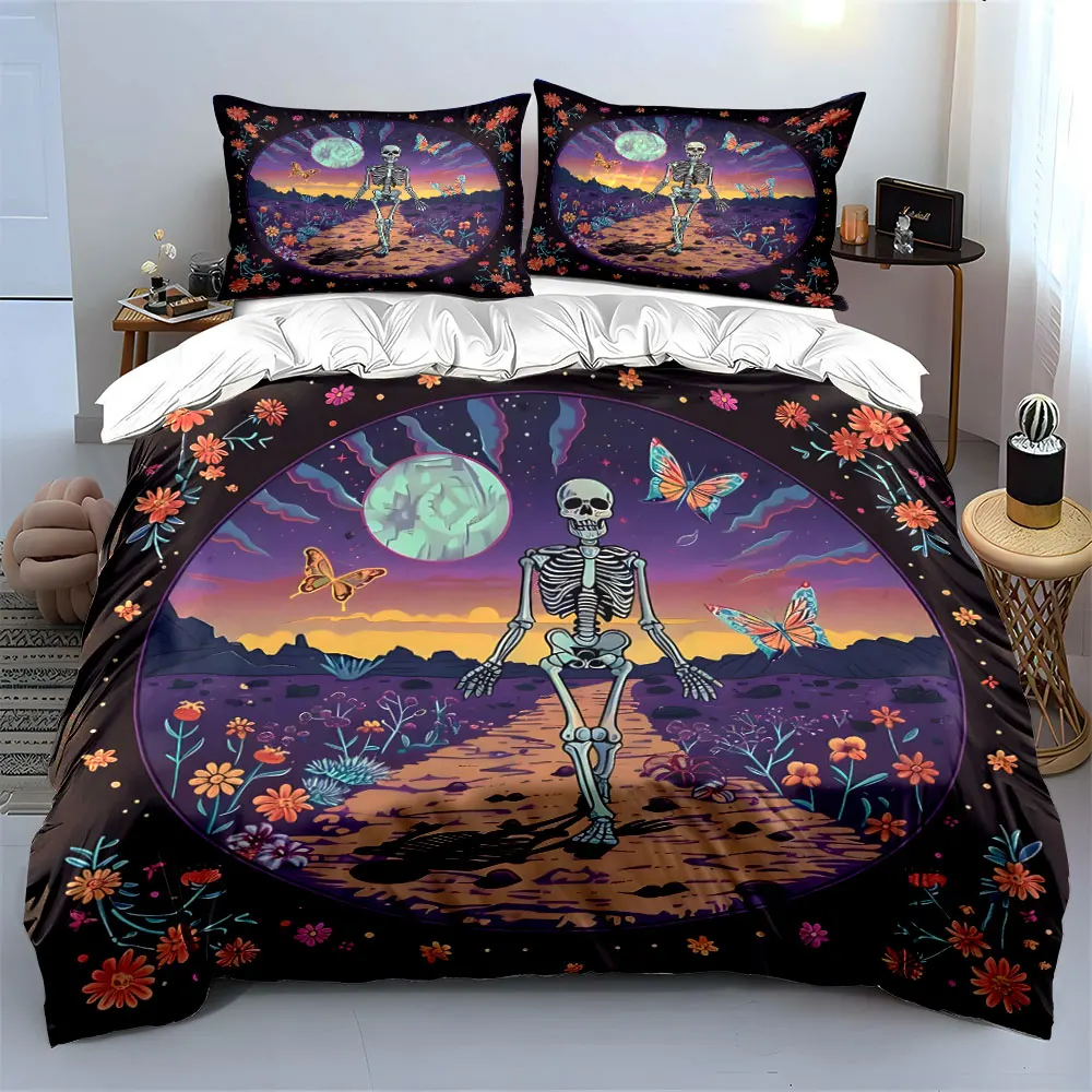 Skeleton walks through vibrant floral night Print Bedding set 3PC 1 duvet cover 2 pillowcases adult and children bedding set