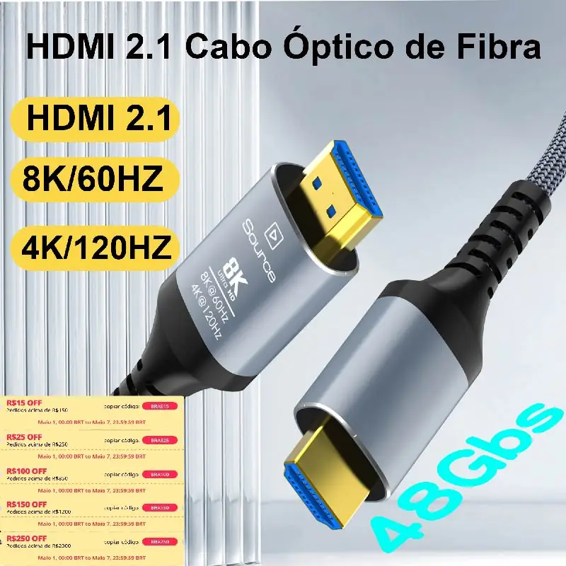 Cabo HDMI de fibra óptica 8K 50 pés, cabo HDMI 2.1 de alta velocidade de 48 Gbps 10K 8K60Hz 4K120Hz 2K144Hz Dynamic HDR/eARC/HDCP 2.2 e 2.3, compatível com LG Samsung Sony TV/PS5/Blu-ray, Xbox Series X, Apple TV 4K