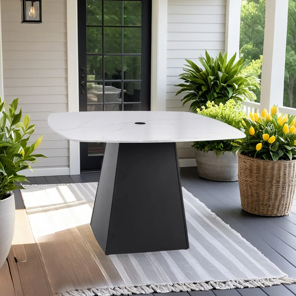 

Modern44" Rounded Square Outdoor Table: Greek Marble-Look Sintered Top, Flared Pyramid Base, Ember Black, Rust-Free, Seats4 (Pat