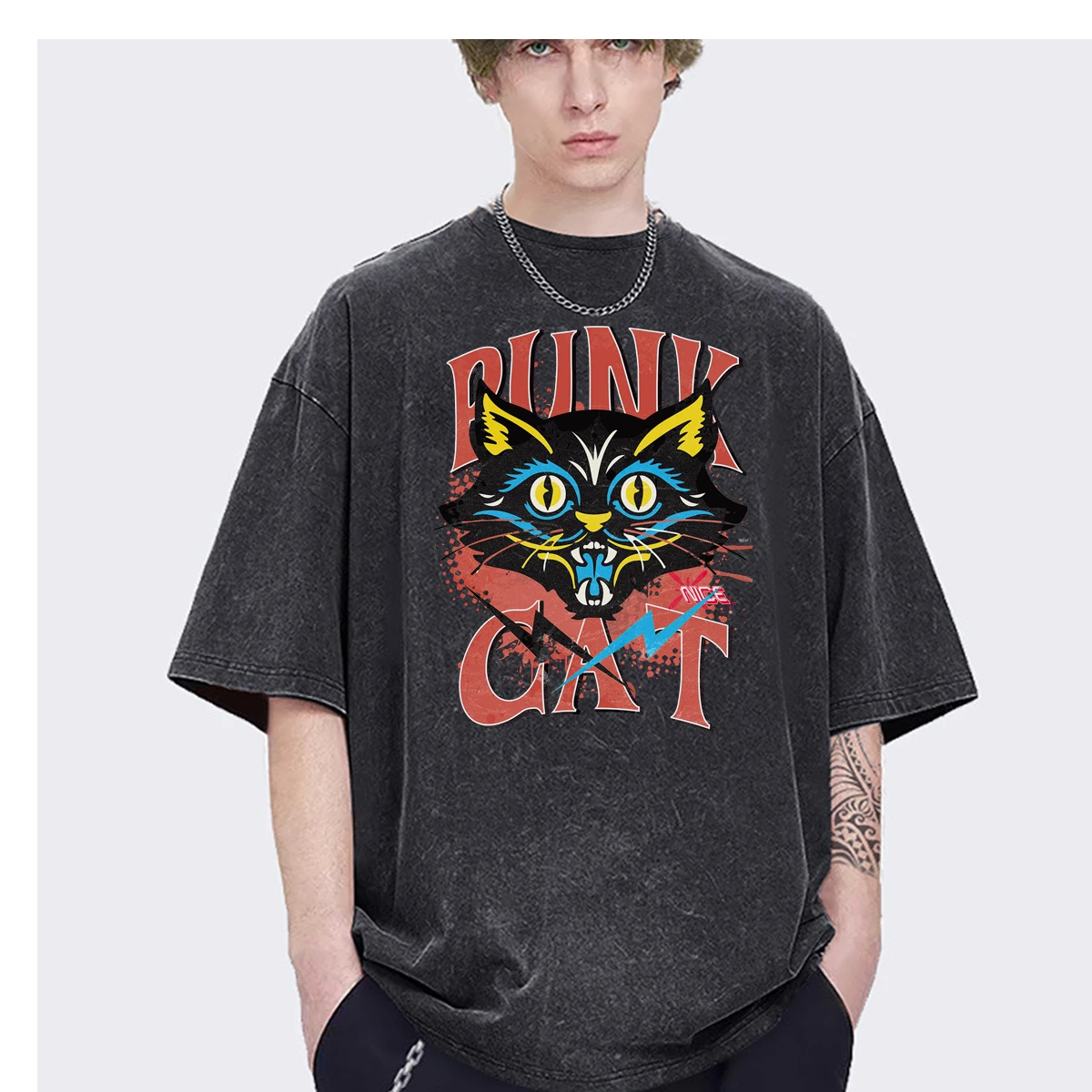 Hiphop Punk cat rock-roll black cat harajuku Oversized t shirt mens Womens Streetwear Fashion Casual Vintage Washed Cotton Tops