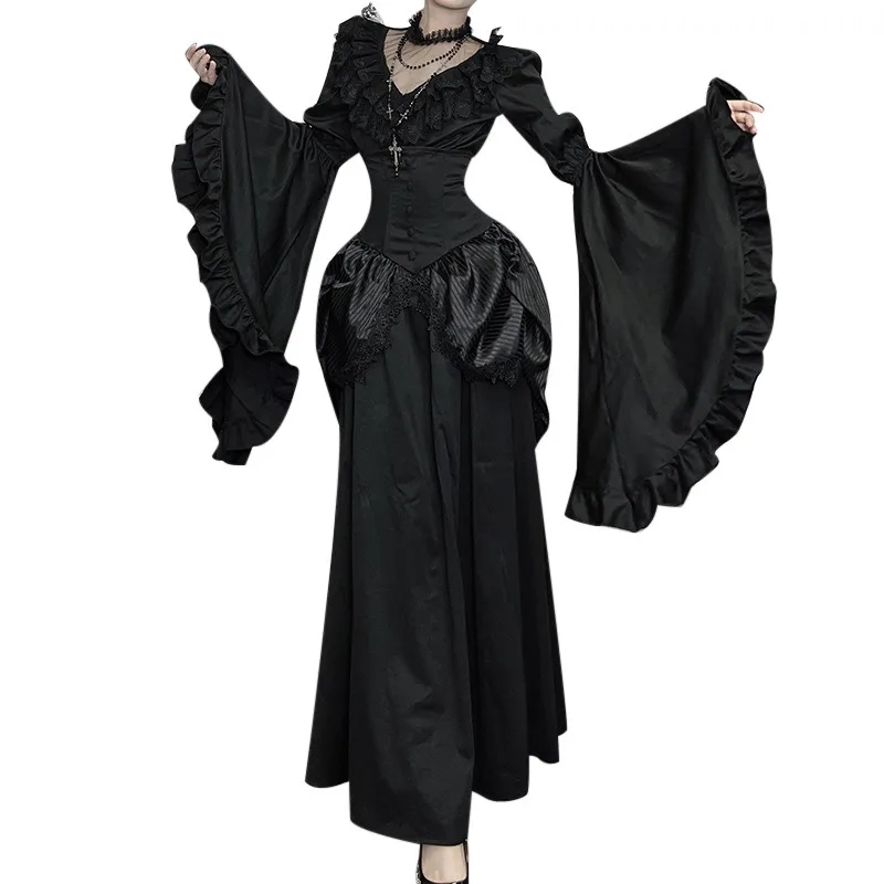Gothic Dark Lolita Suit Medieval Cosplay Costume Lace Long Sleeve Elegant T-shirts Vintage Skirt Evening Party Halloween Women