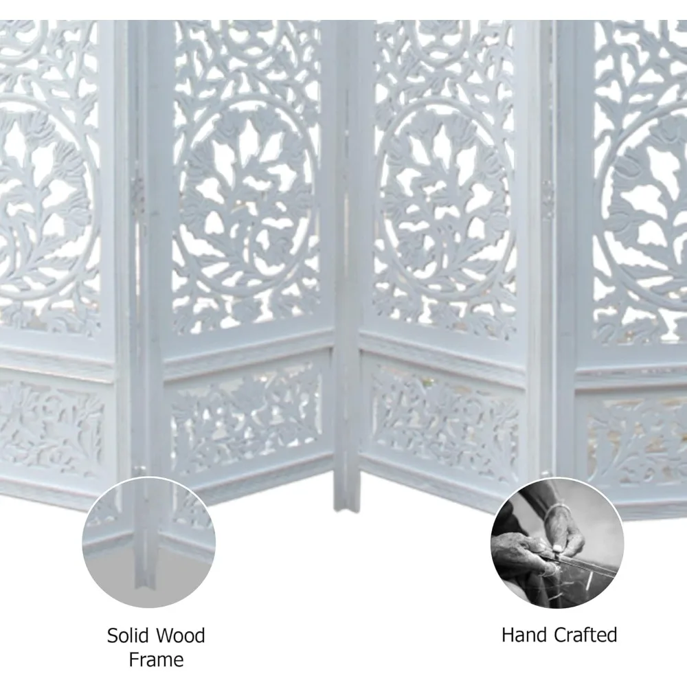 مقسم غرفة قابل للطي مكون من 4 ألواح من القطن مع لمسة نهائية بيضاء عتيقة من Kamal، 72 × 80 - شاشة أرضية خشبية محمولة وقابلة للعكس f #6