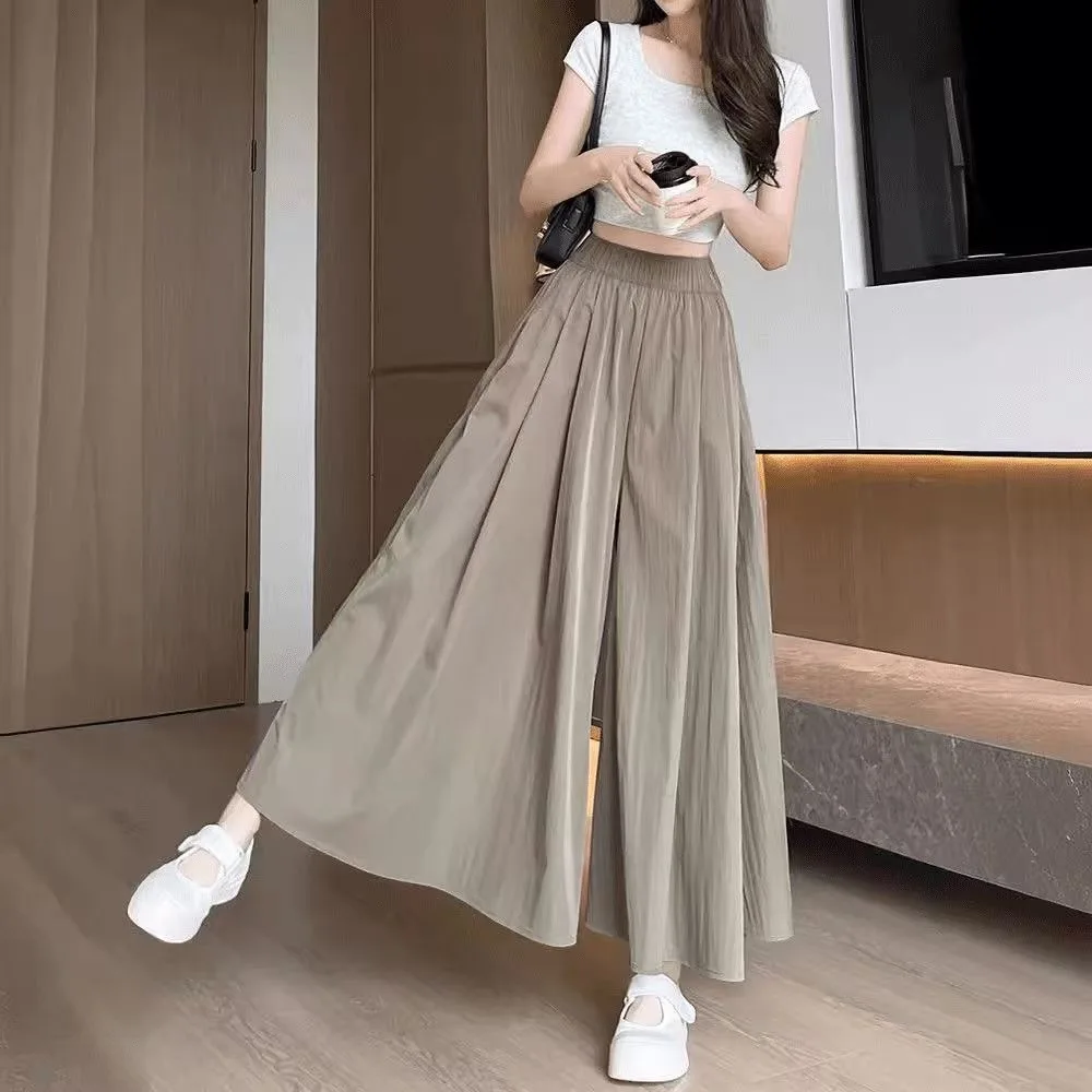 High Waist Ice Silk Quick Dry A-Line Skirt Pants Women's Summer New Style Commute Style Korean Version Loose Fit Casual Pants