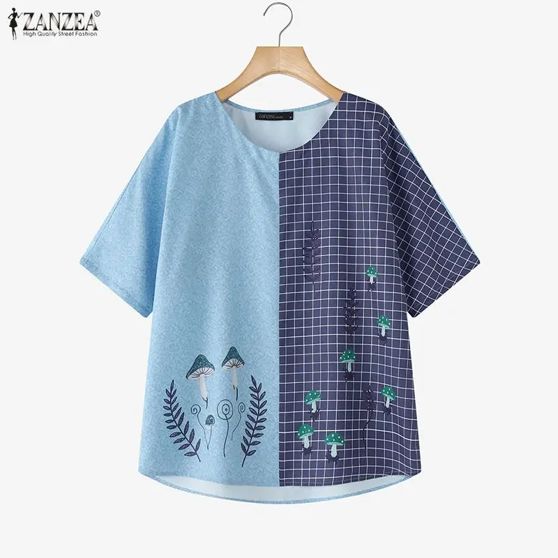 

ZANZEA Women Blouse Summer Short Sleeve Shirts Fashion O-Neck Casual Loose Tunic Tops Vintage Print Oversized Blusas Femininas