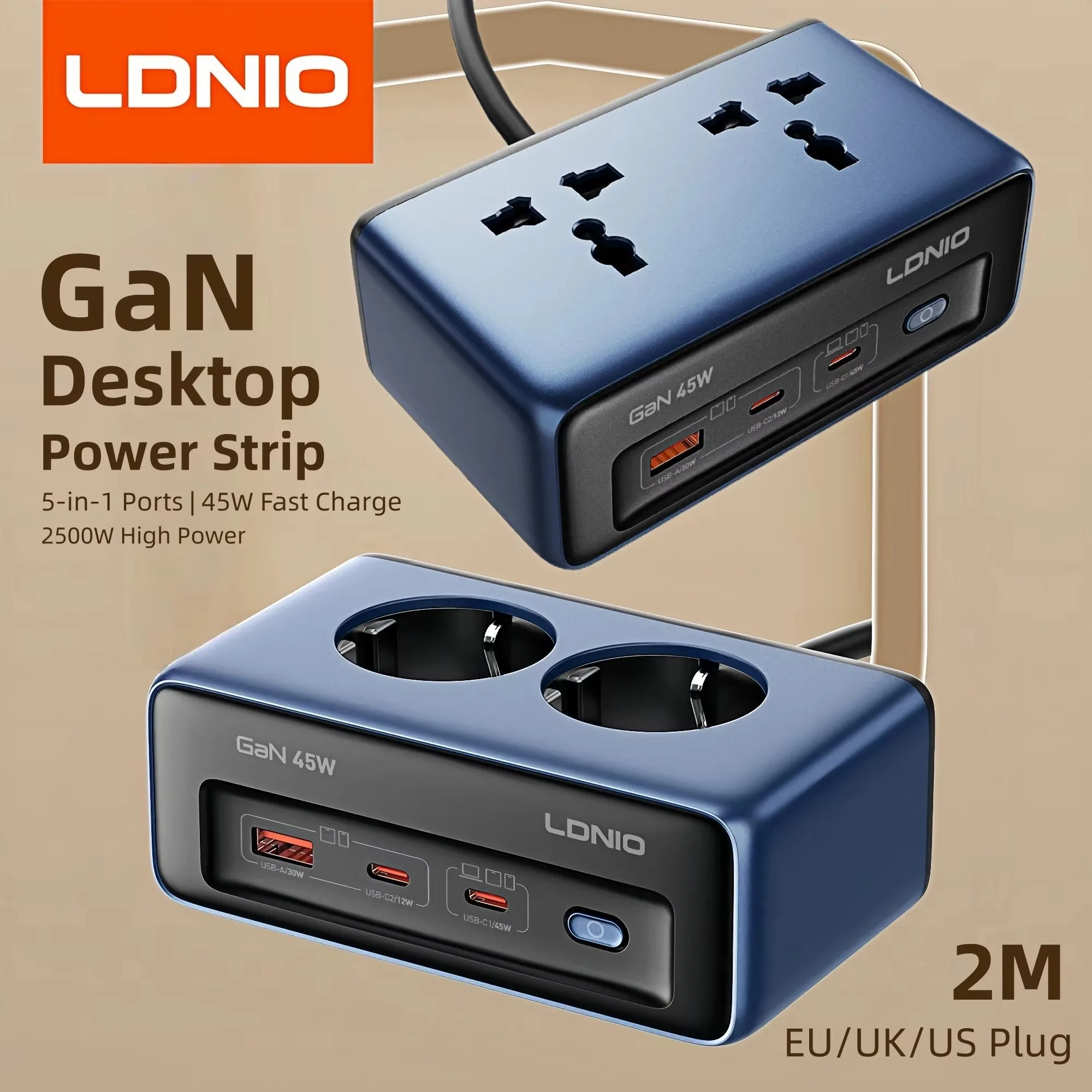LDNIO Schnellladegerät Cube Steckdosenleiste 2M elektrisches Verlängerungskabel 45W Typ C Ladestation US UK Eu Kr Stecker USB C Adapter
